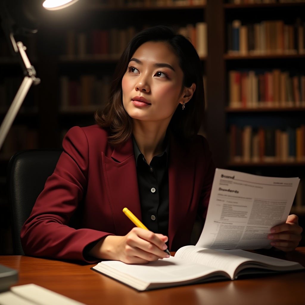 Training participant reviewing brand standards documentation with highlighter and notes in a library setting