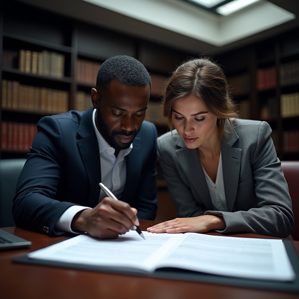 Two professionals reviewing a franchise compliance checklist document, one pointing to specific sections