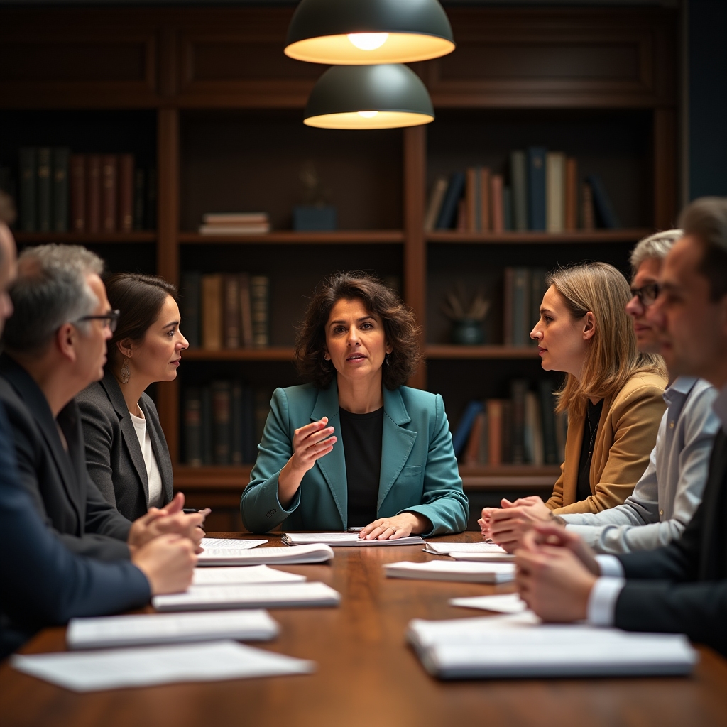 Diverse group of adult professionals in a training workshop, engaged in discussion around a table with training materials