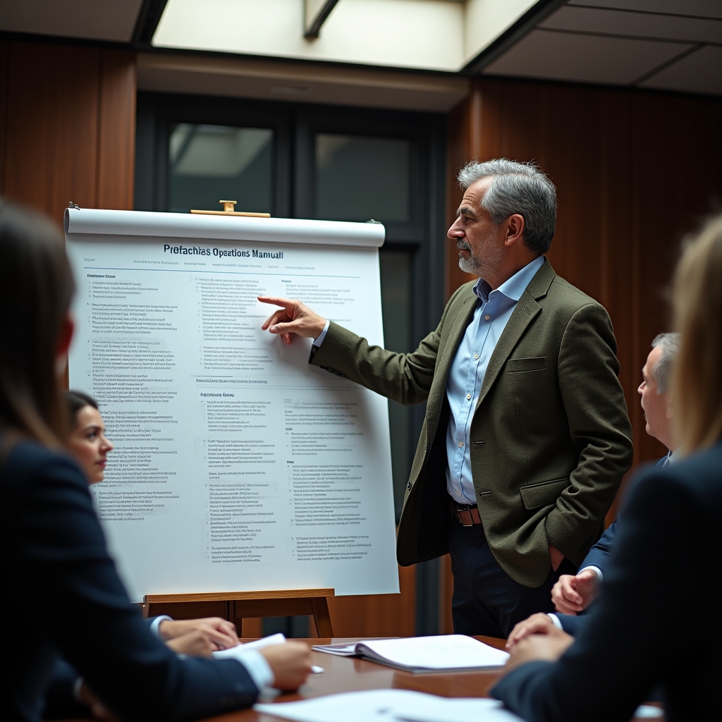 Instructor explaining franchise operations manual structure to a small group at a seminar table
