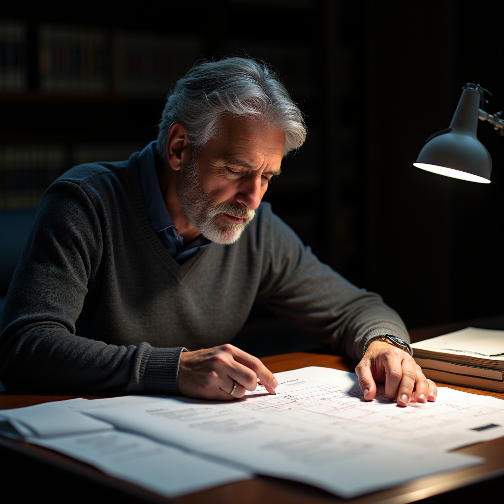 Participant reviewing detailed franchise process documentation at a study desk with overhead lighting