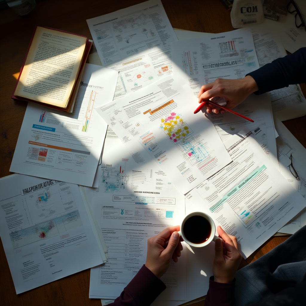 Overhead view of supply chain documentation spread on a wide desk, participant making annotations in a professional study environment
