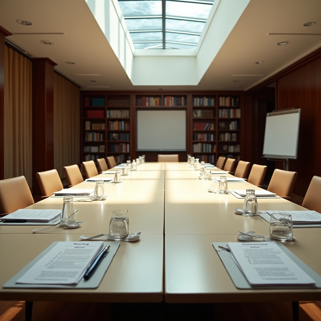 Training room set up for a two-day session with printed materials arranged at each seat, warm professional lighting